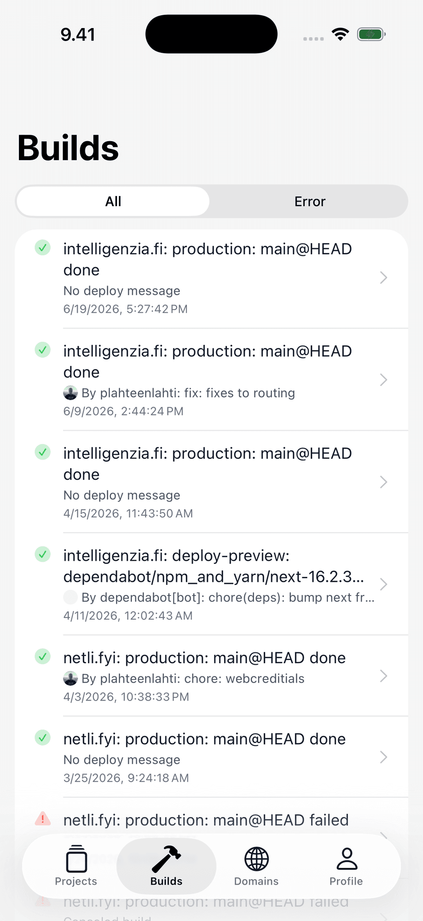 Netli.fyi builds list filtered to errors