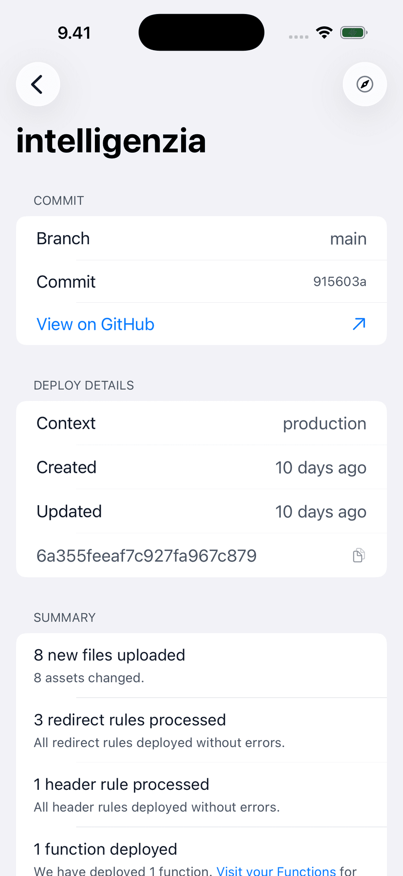 Netli.fyi deploy detail showing commit, branch, and build summary