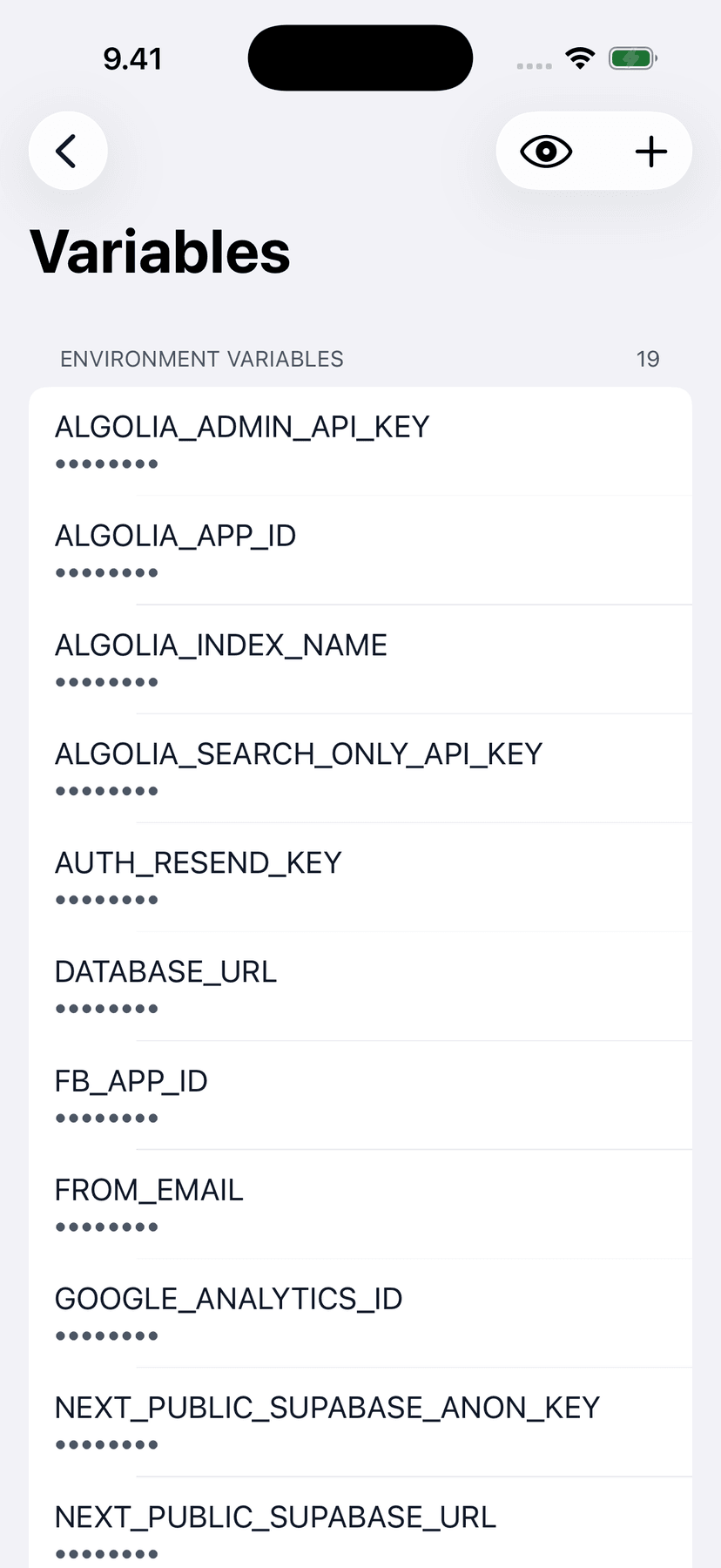 Netli.fyi environment variables screen with masked values
