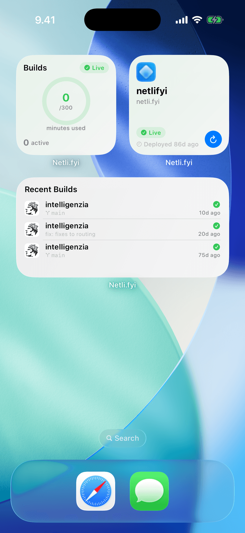 iPhone home screen with Netli.fyi widgets showing build minutes, site status, and recent builds