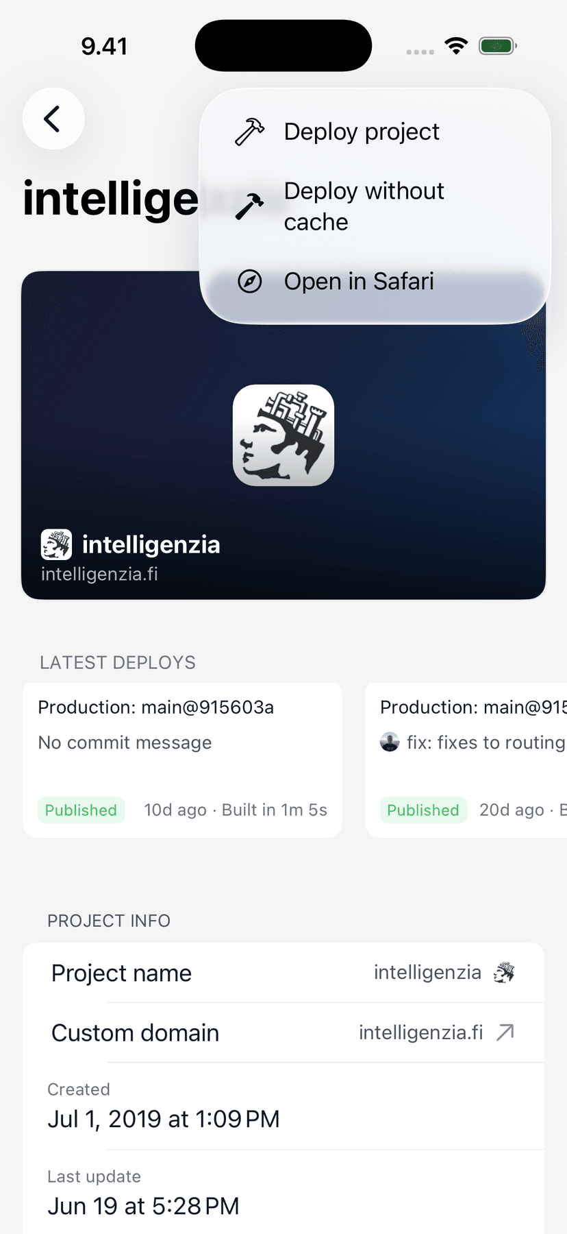 Netli.fyi project actions menu with deploy and clear-cache options