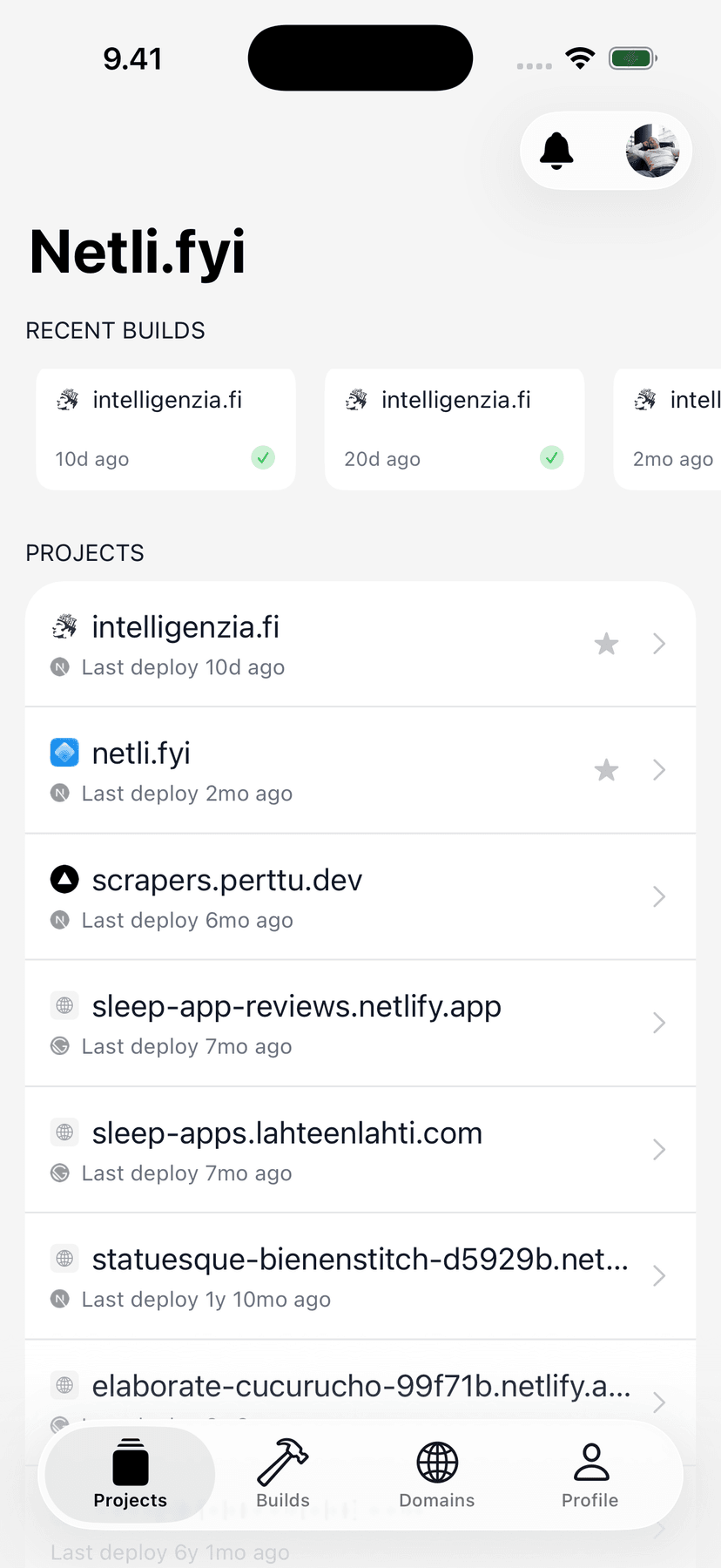 Netli.fyi projects overview showing live deploy status for every Netlify site